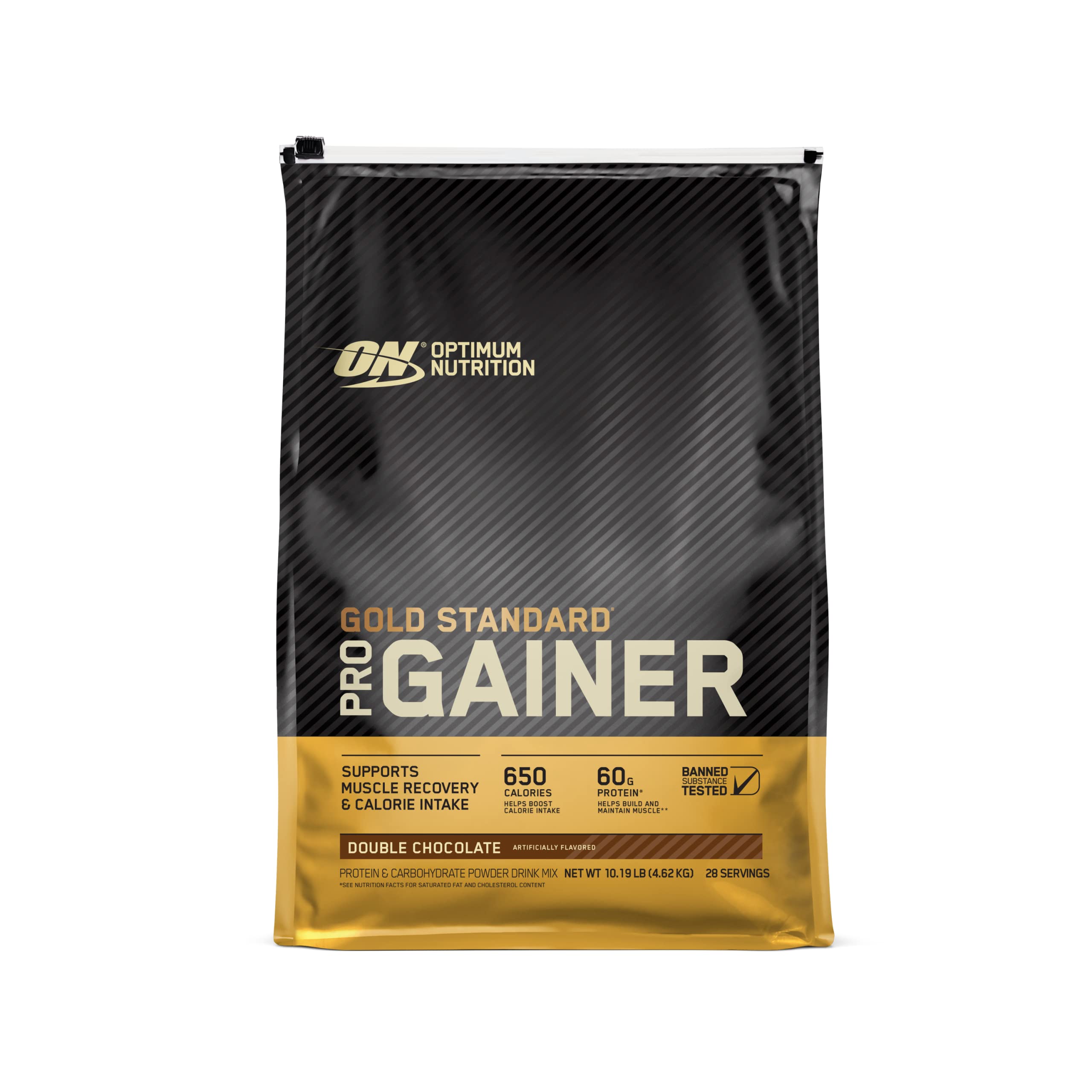 Optimum Nutrition frente del envase mostrando sabor y tamaño, facilita identificación rápida