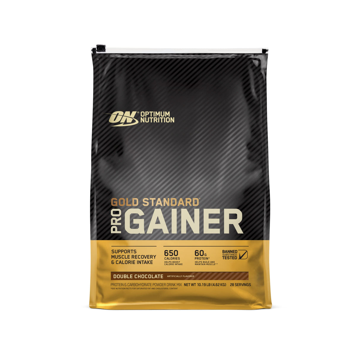 Optimum Nutrition frente del envase mostrando sabor y tamaño, facilita identificación rápida