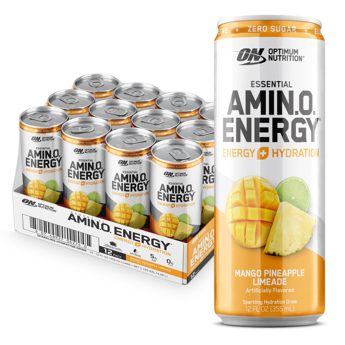 Optimum Nutrition lata frontal mostrando sabor y beneficio energizante