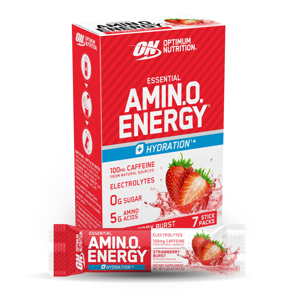 Optimum Nutrition empaque frontal mostrando sobres y sabor fresa, práctico y portable