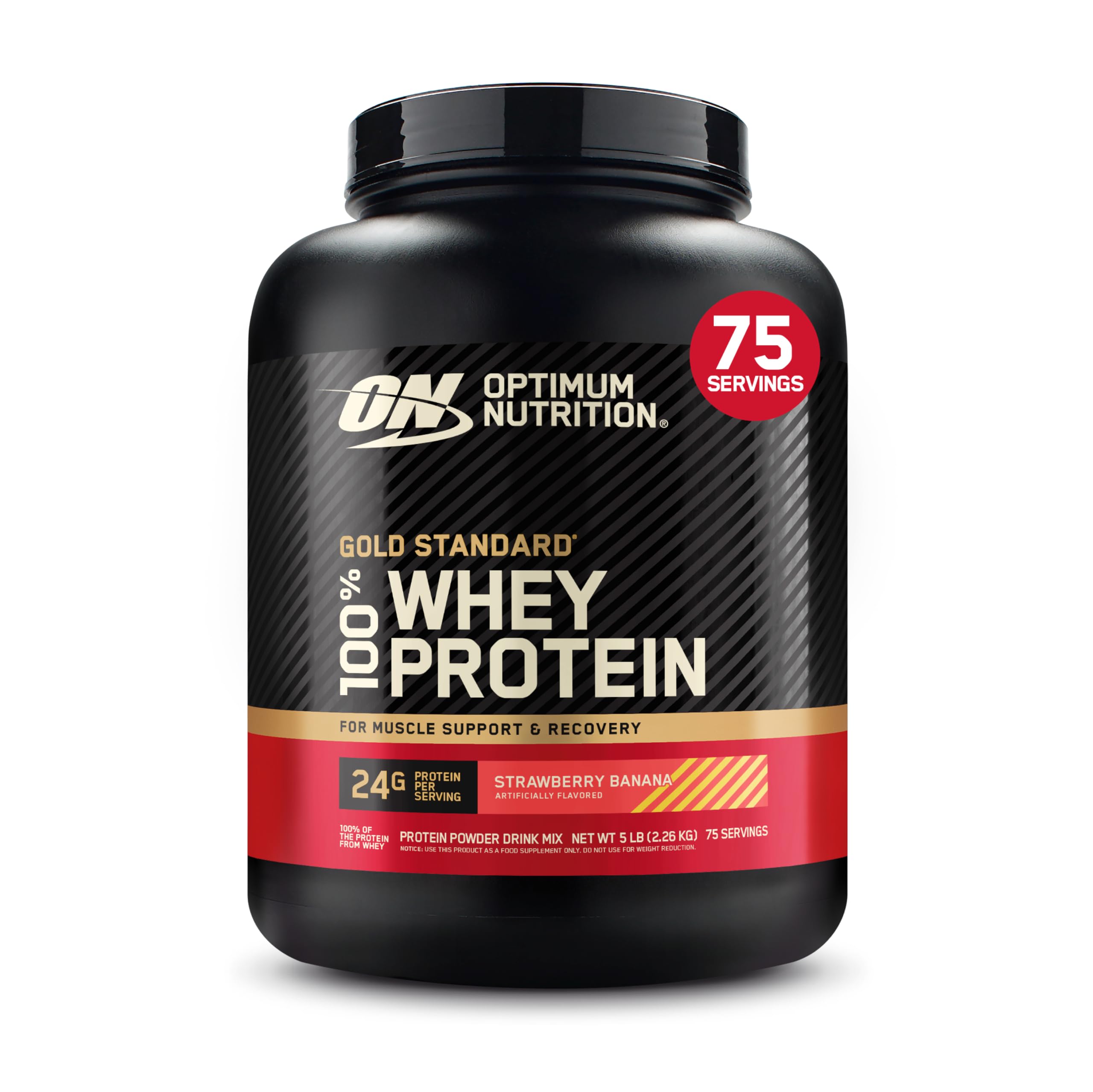 Envase Optimum Nutrition Gold Standard fresa plátano, presentación visible y clara