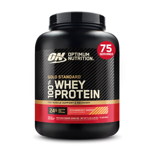 Envase Optimum Nutrition Gold Standard fresa plátano, presentación visible y clara