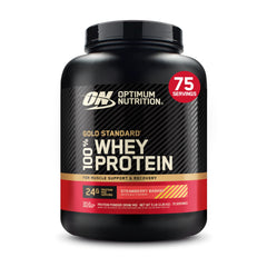 Envase Optimum Nutrition Gold Standard fresa plátano, presentación visible y clara