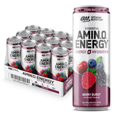 Optimum Nutrition lata frontal mostrando sabor Berry Burst y energía instantánea