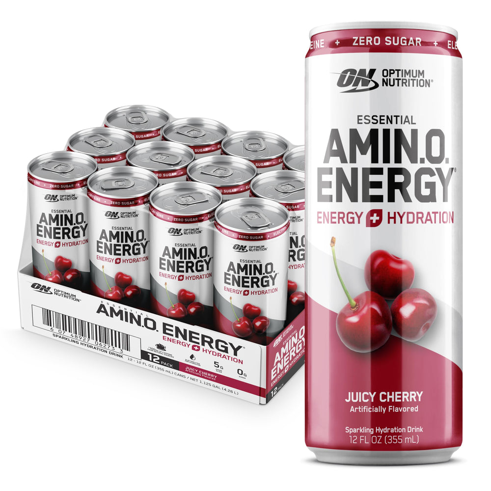 Optimum Nutrition lata frontal Juicy Cherry mostrando sabor y diseño, refresco bajo en calorías