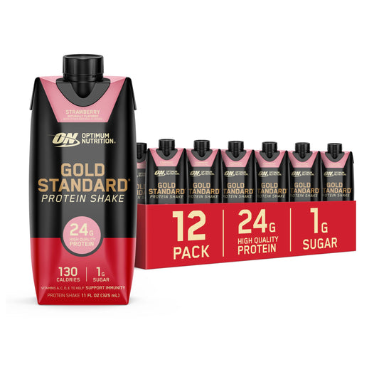 Optimum Nutrition frontal del envase mostrando 24 g proteína y sabor fresa beneficio transporte fácil