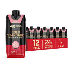 Optimum Nutrition frontal del envase mostrando 24 g proteína y sabor fresa beneficio transporte fácil