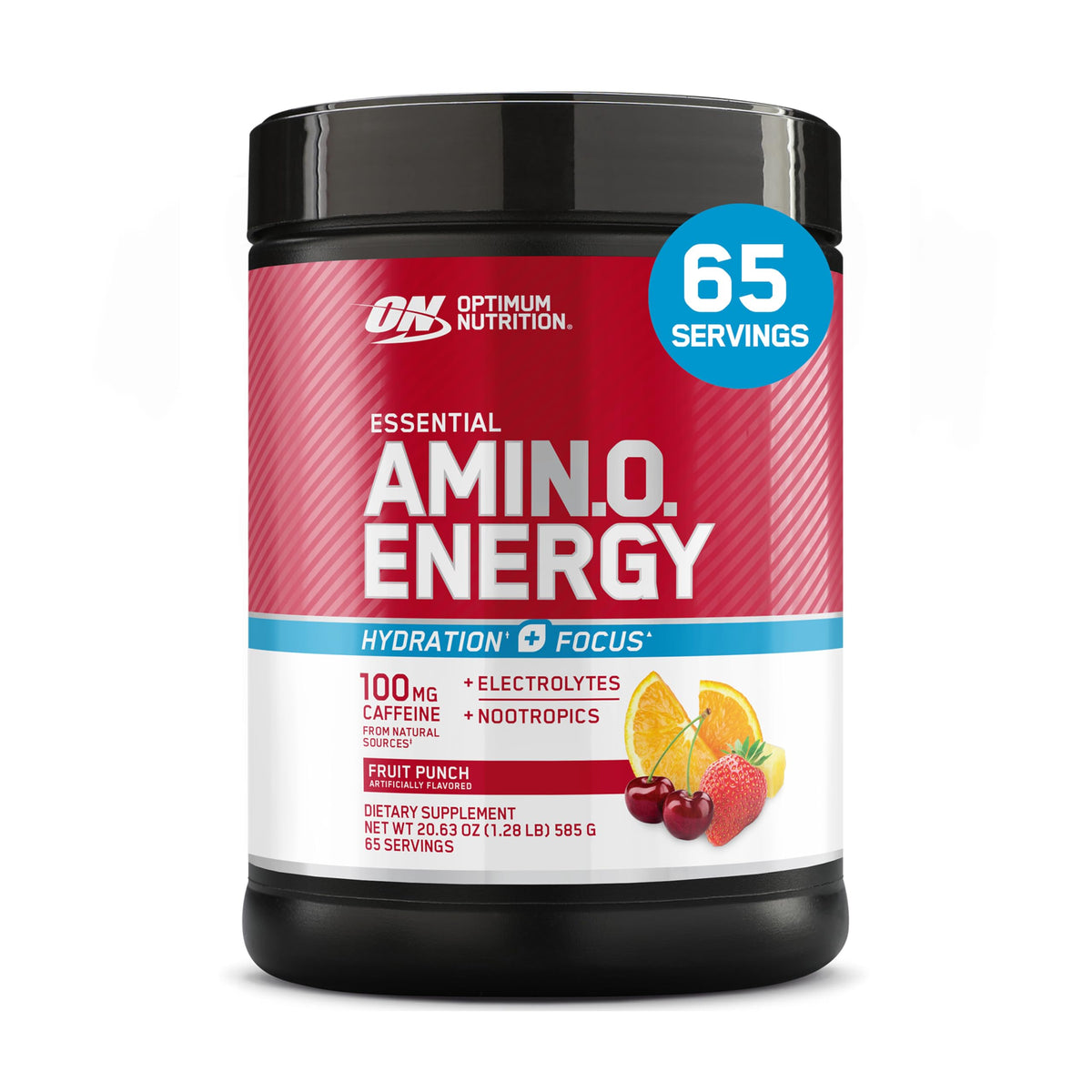 Optimum Nutrition empaque frontal Fruit Punch mostrando el producto y beneficios