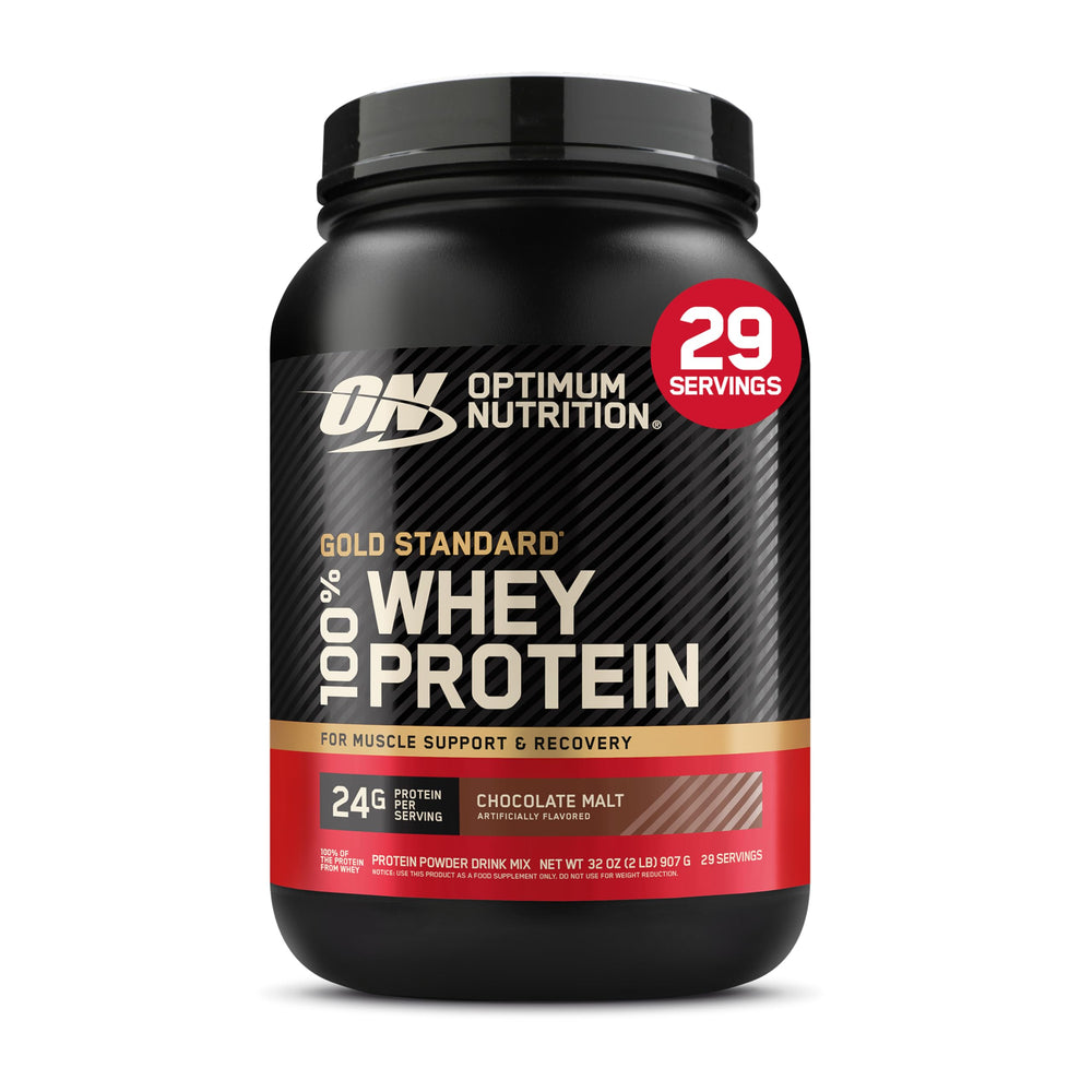 Optimum Nutrition bote frontal Chocolate Malt con etiqueta clara y beneficios