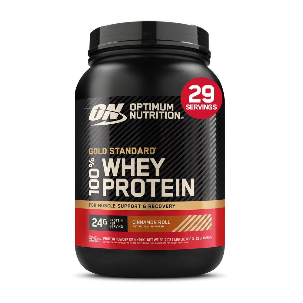 Optimum Nutrition envase frontal Cinnamon Roll que muestra presentación y beneficio práctico