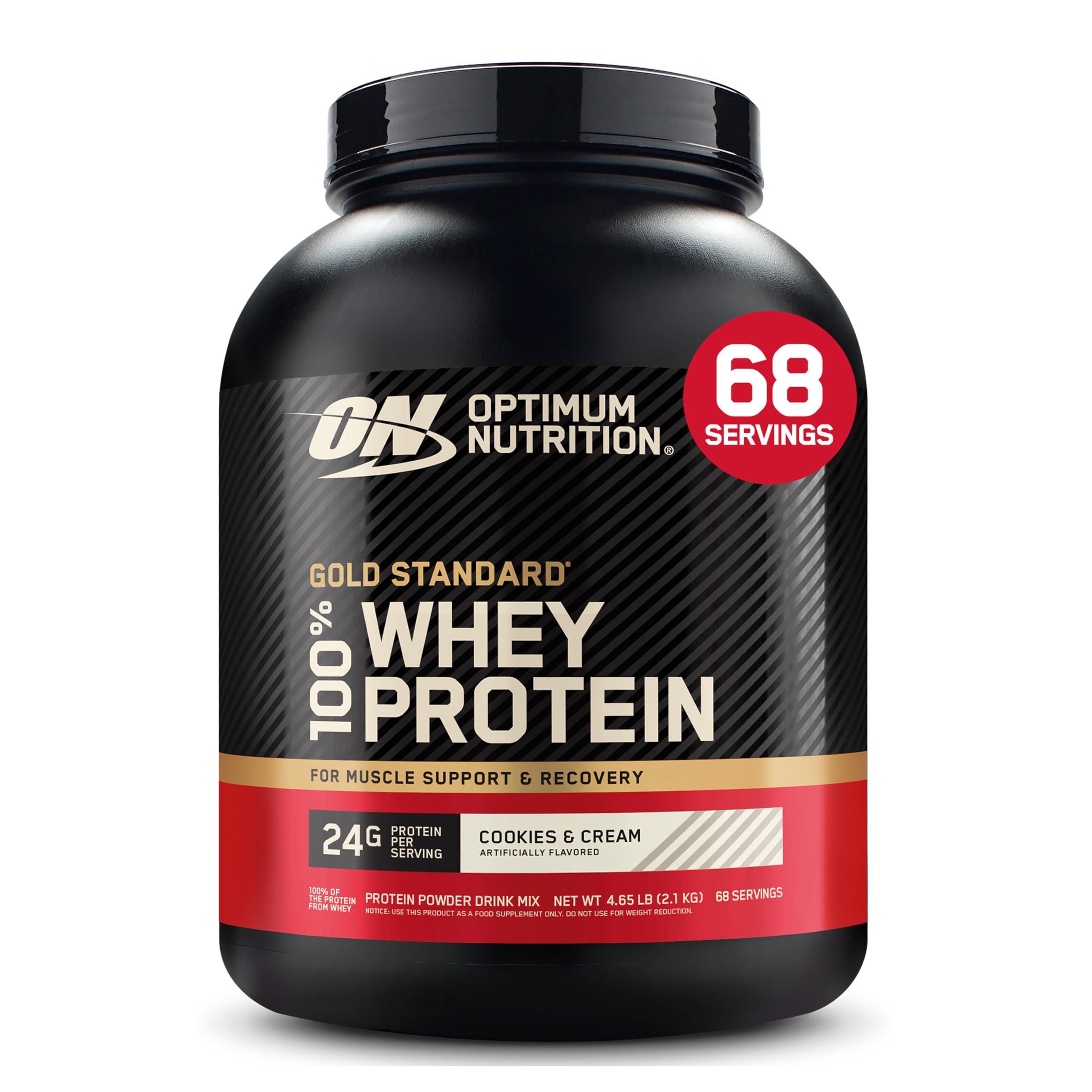 Optimum Nutrition envase frontal mostrando sabor y tamaño para elección rápida