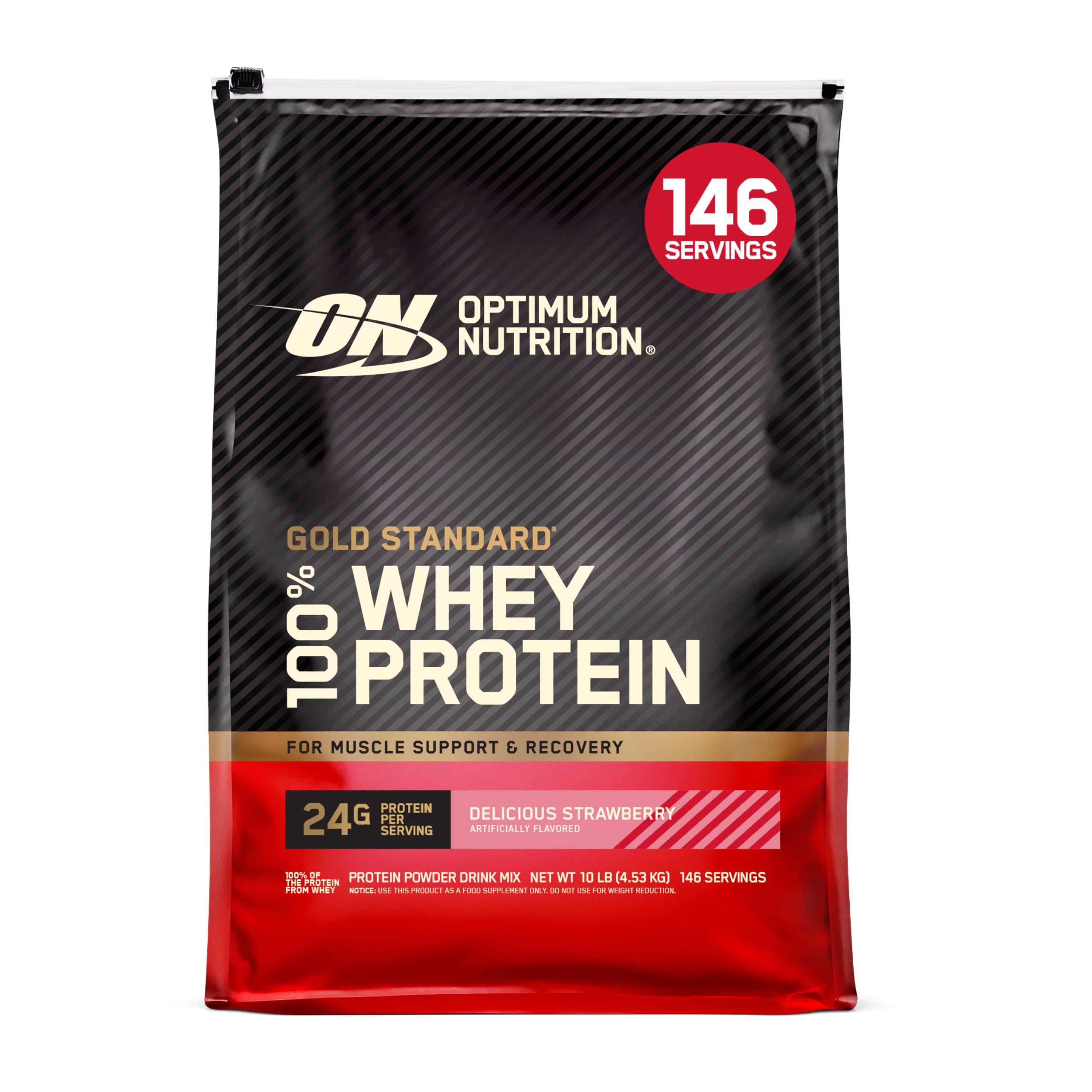 Optimum Nutrition empaque frontal mostrando el tamaño y sabor fresa, confianza visual