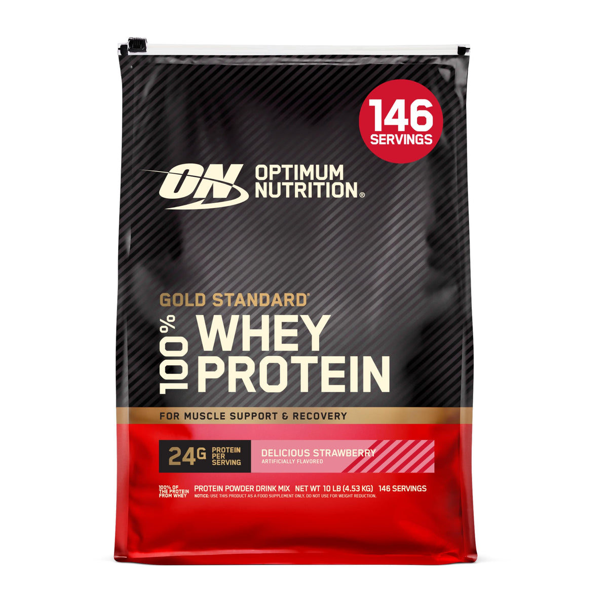 Optimum Nutrition empaque frontal mostrando el tamaño y sabor fresa, confianza visual