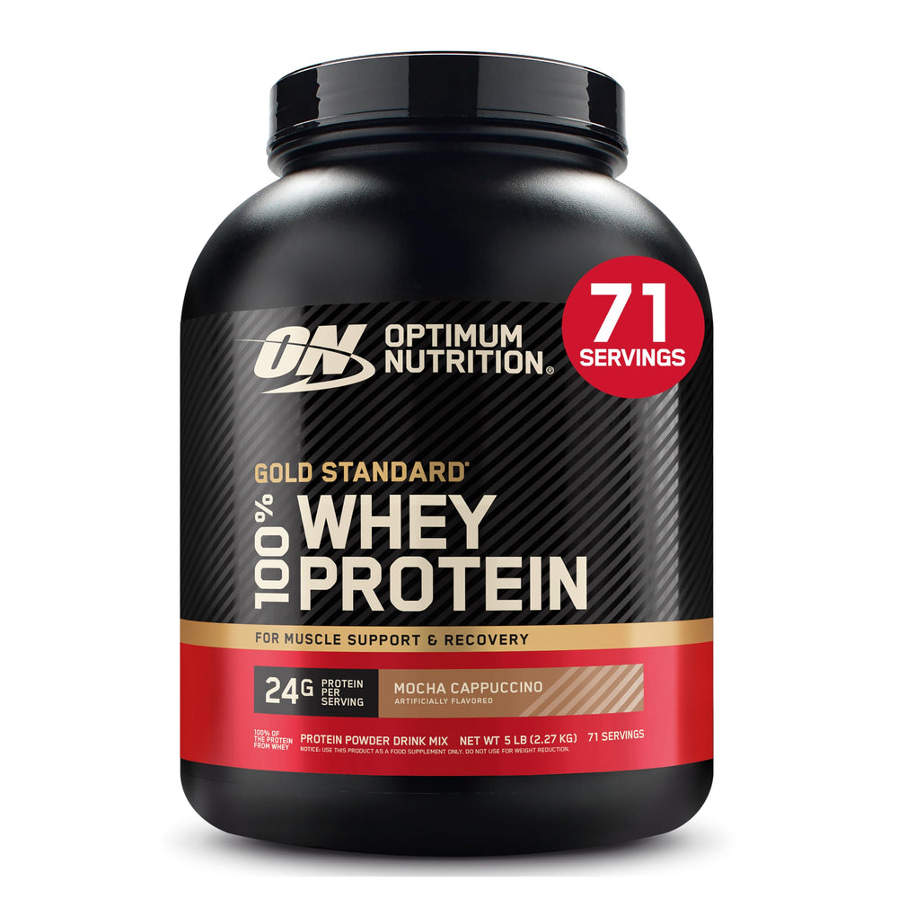 Optimum Nutrition envase frontal mostrando ahorro y sabor mocha cappuccino