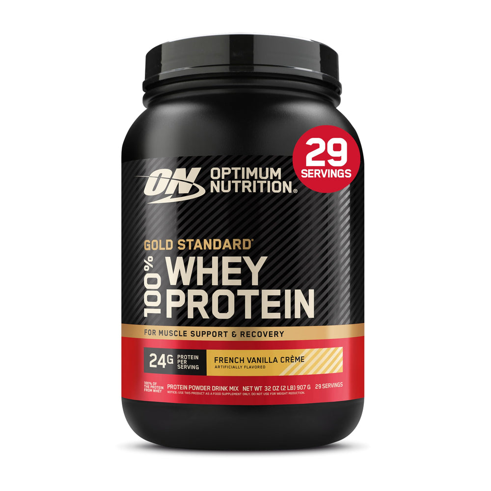 Optimum Nutrition empaque frontal mostrando sabor French Vanilla Creme y beneficios