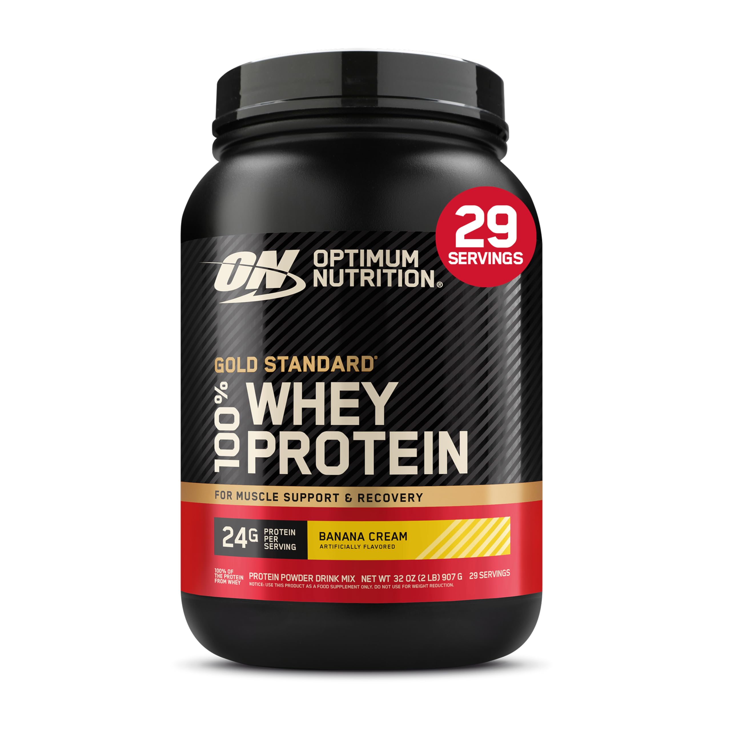 Optimum Nutrition envase frontal Banana Cream mostrando marca y beneficio de 24 g proteína
