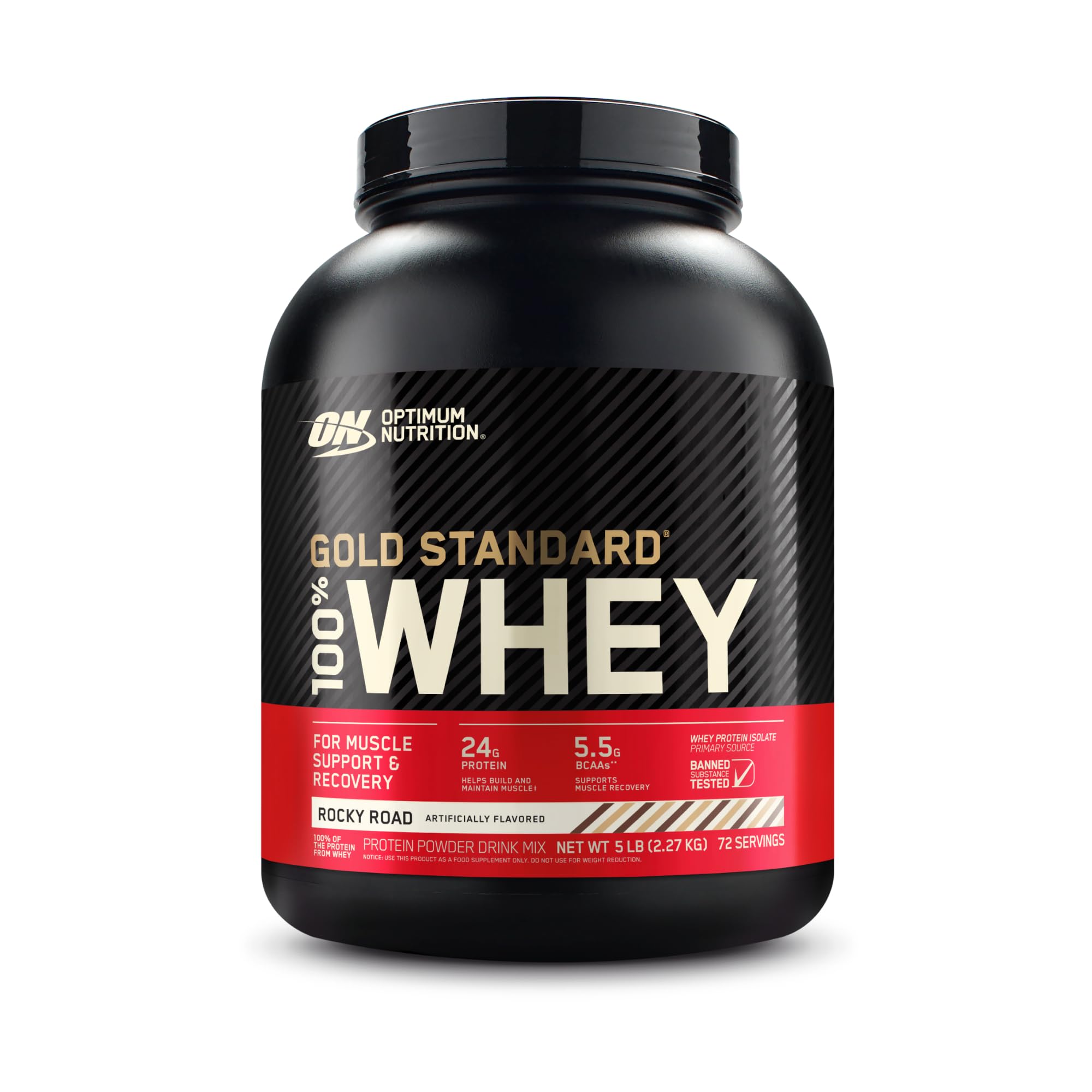 Optimum Nutrition envase frontal 5 lb mostrando marca y sabor Rocky Road para reconocimiento rápido