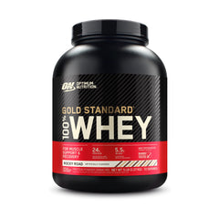 Optimum Nutrition envase frontal 5 lb mostrando marca y sabor Rocky Road para reconocimiento rápido