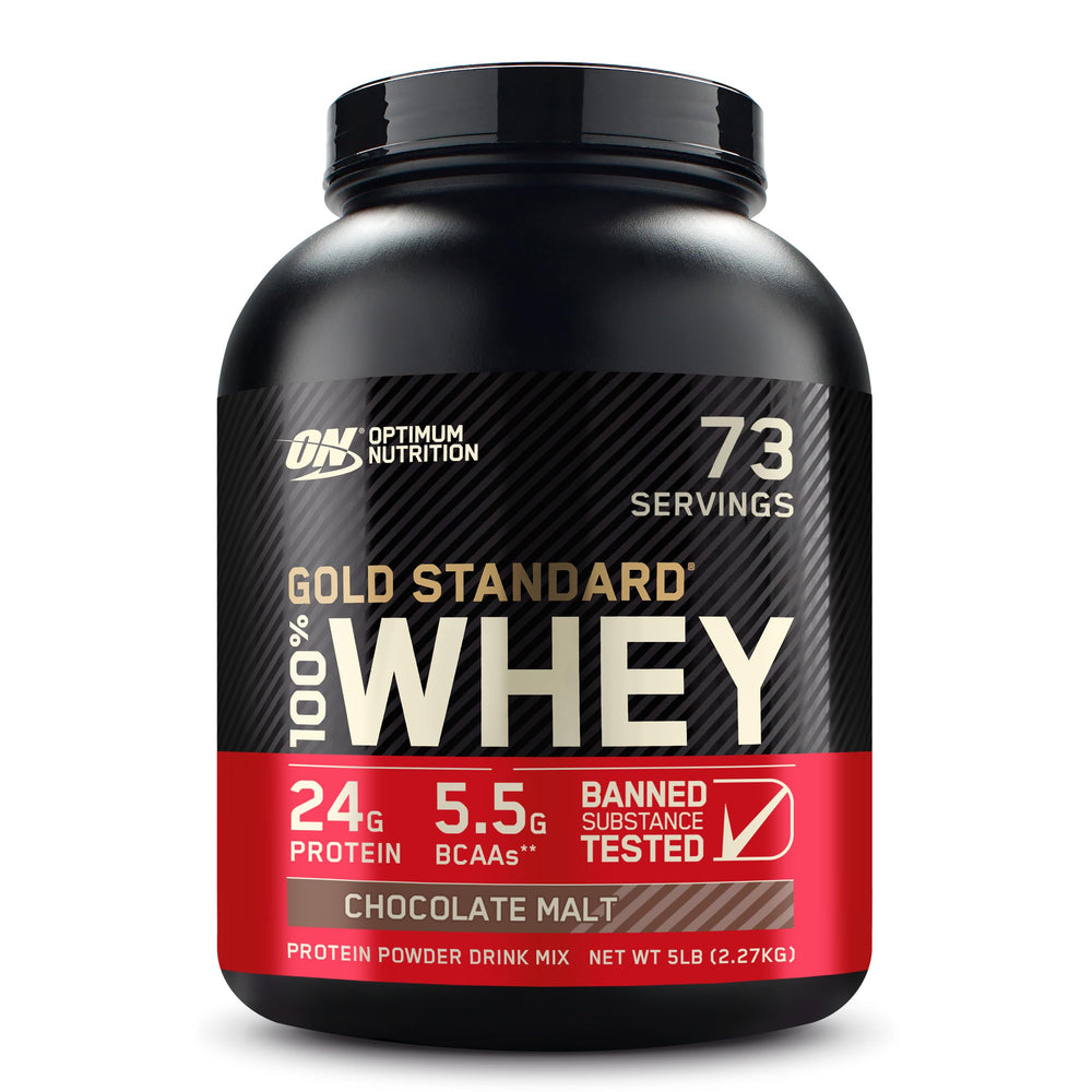 Envase Optimum Nutrition Gold Standard 5 lb frontal mostrando etiqueta y sabor Chocolate Malt, ideal para recuperación