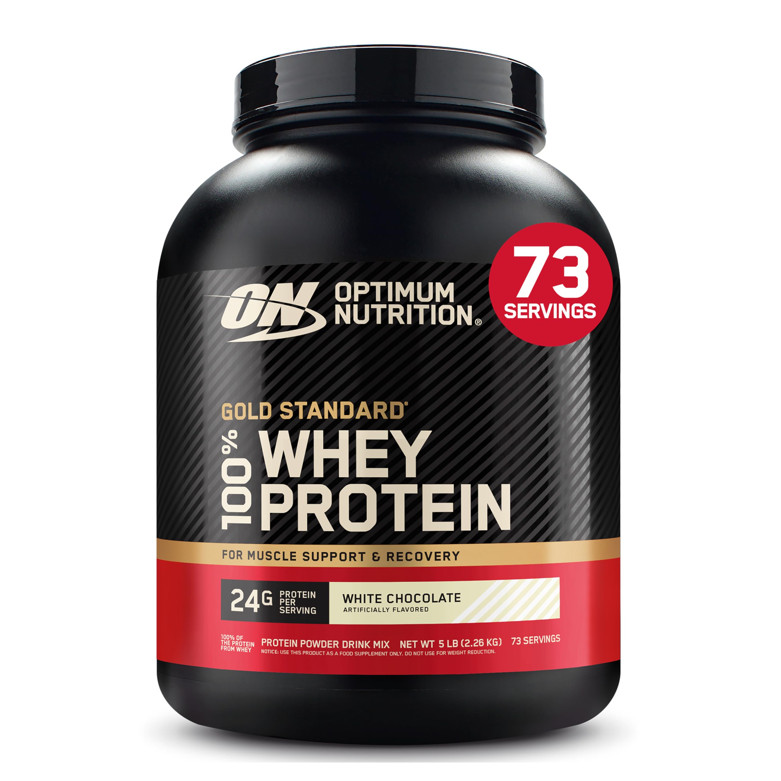 Optimum Nutrition envase frontal chocolate blanco mostrando diseño y beneficio proteína