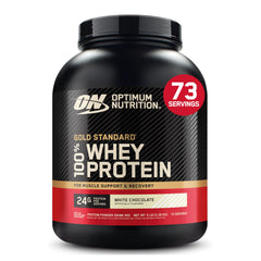 Optimum Nutrition envase frontal chocolate blanco mostrando diseño y beneficio proteína