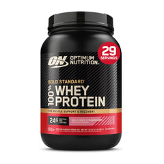 Optimum Nutrition envase frontal mostrando proteína fresa y conveniencia