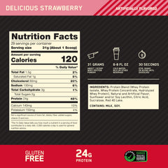 Optimum Nutrition polvo fresa en cuchara con textura fina y disolución rápida