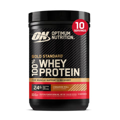 Optimum Nutrition lata frontal mostrando el diseño y el sabor Cinnamon Roll, conveniencia inmediata