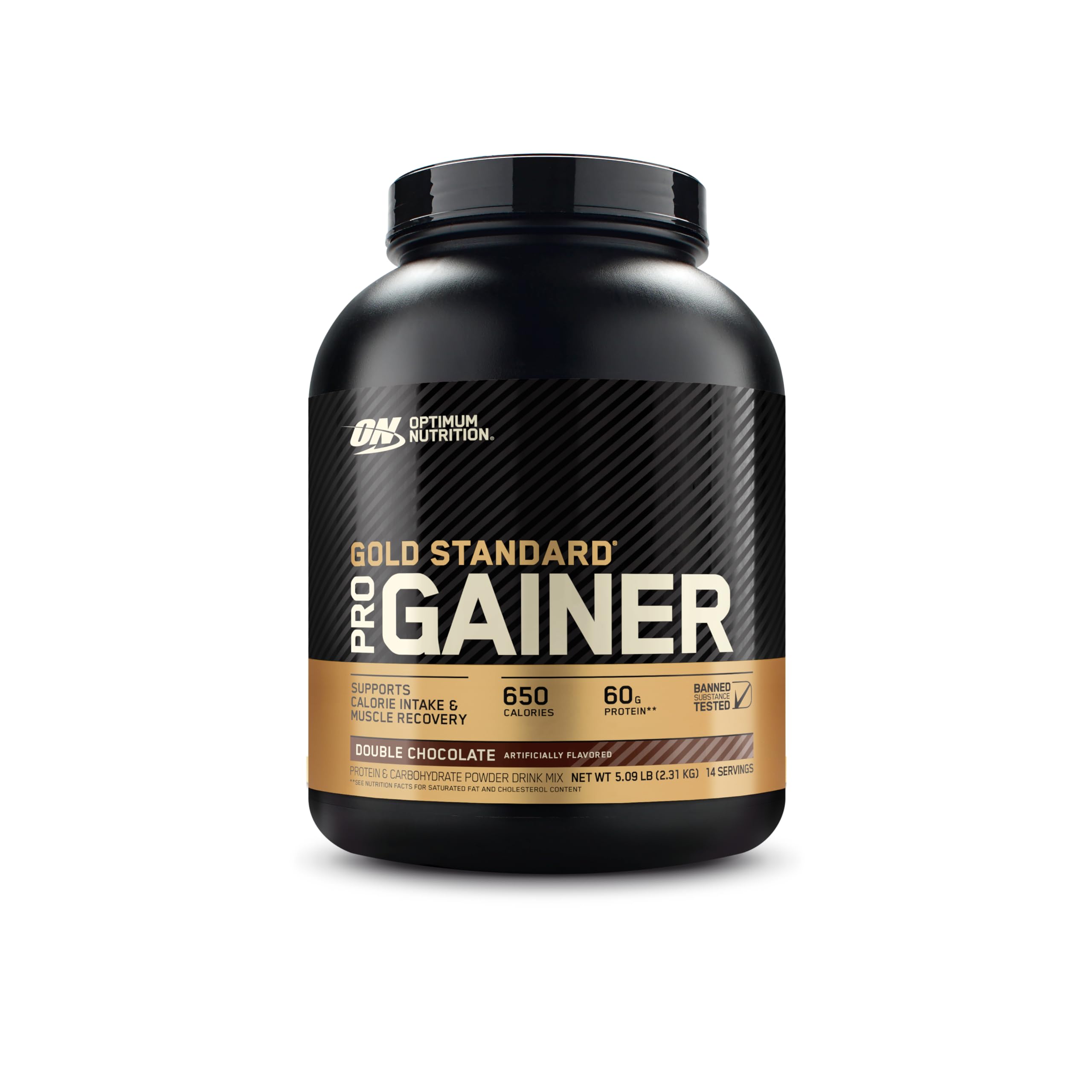 Optimum Nutrition bote frente mostrando tamaño y sabor Double Chocolate