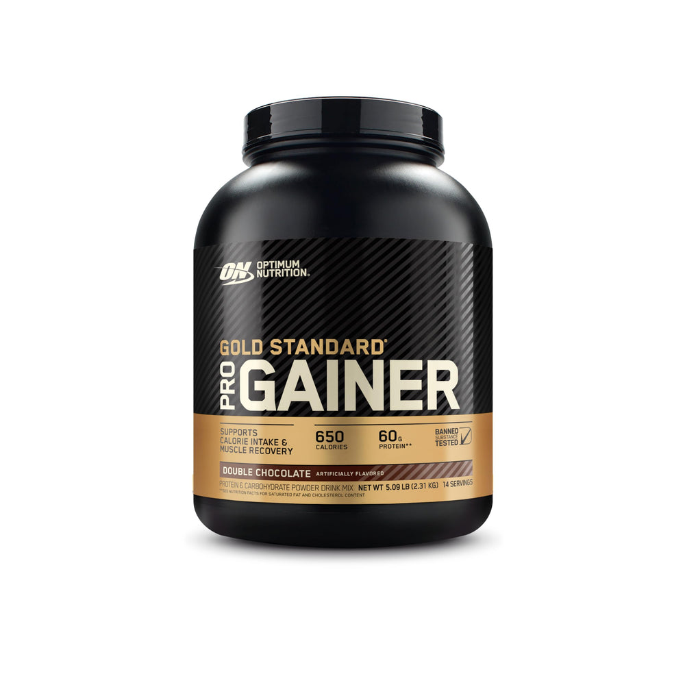 Optimum Nutrition bote frente mostrando tamaño y sabor Double Chocolate