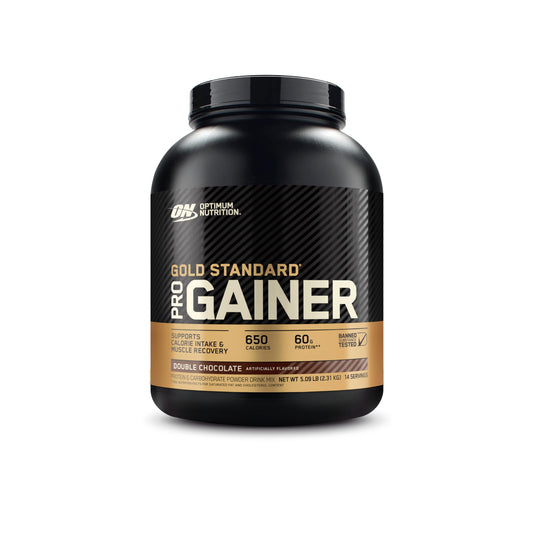 Optimum Nutrition bote frente mostrando tamaño y sabor Double Chocolate