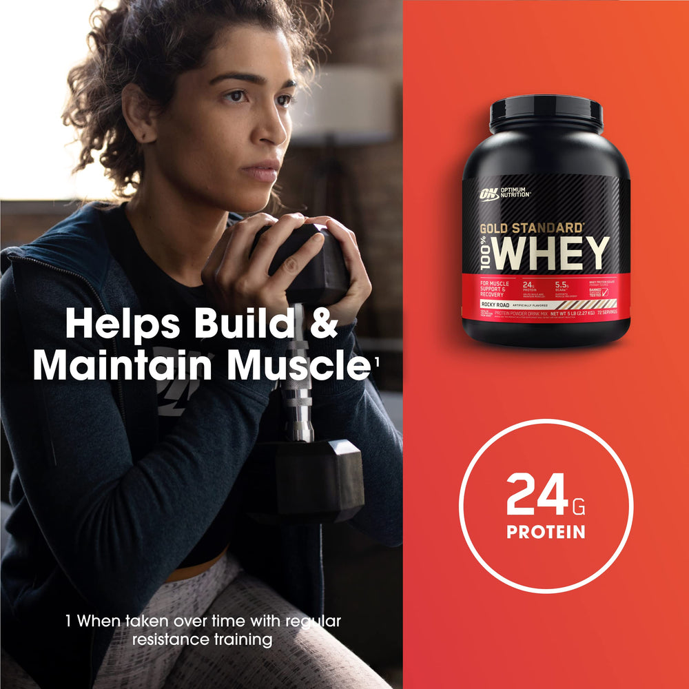 Optimum Nutrition cucharada con porción de proteína mostrando 24 g por servicio y control de dosis