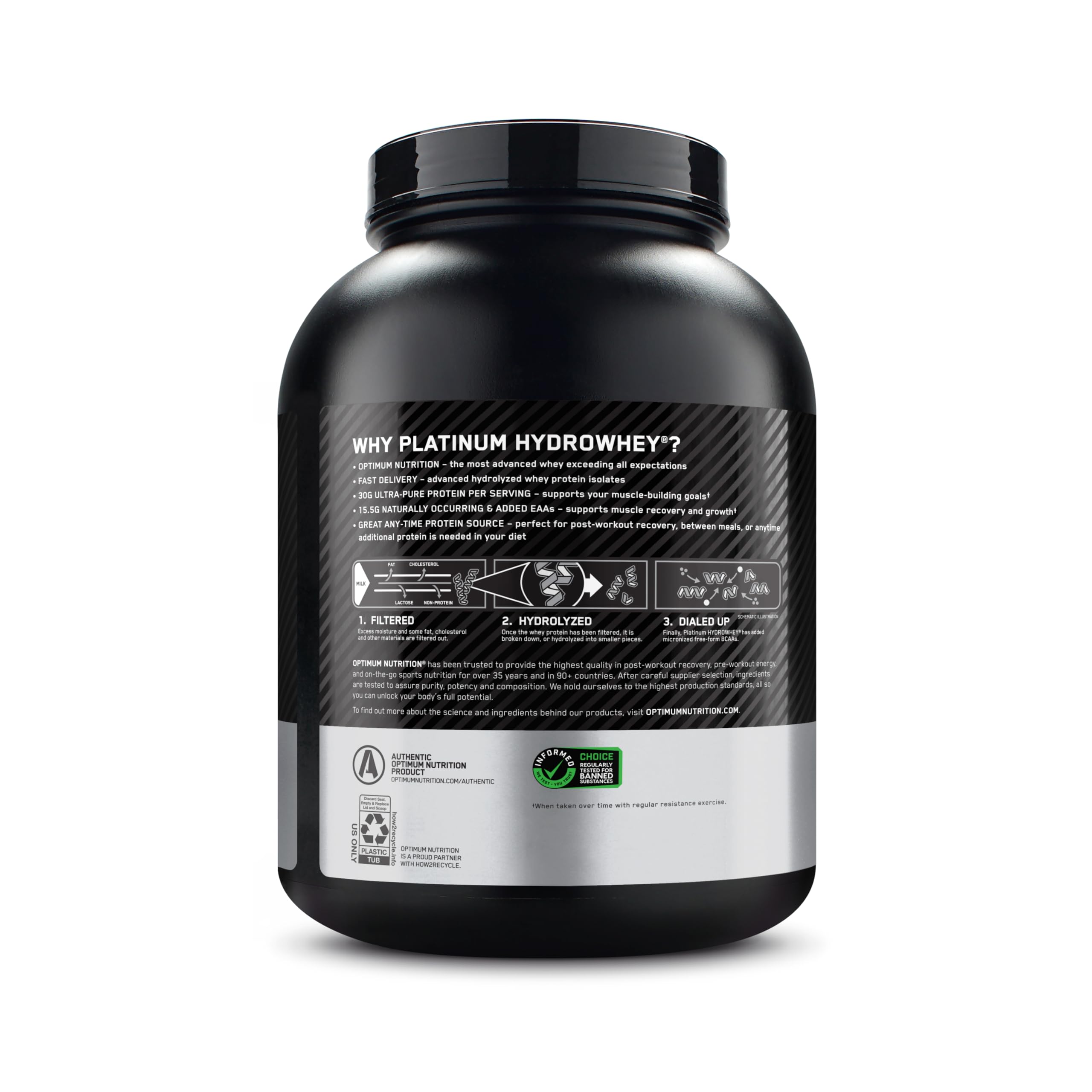 Optimum Nutrition en botella junto a equipo de gimnasio representando consumo post-entreno