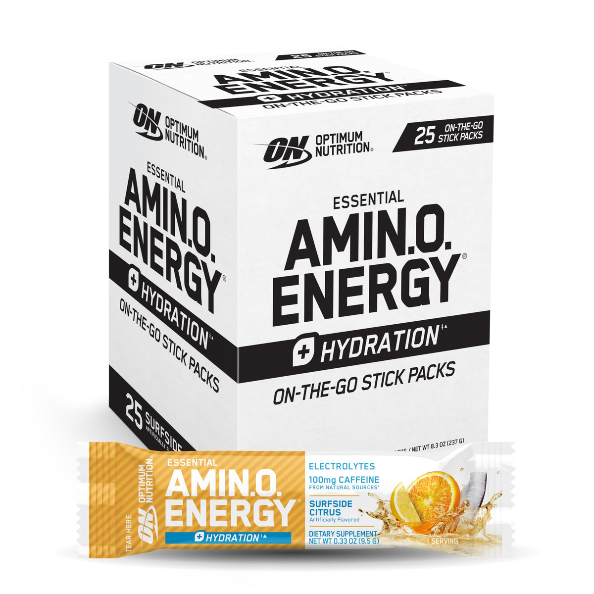 Optimum Nutrition frente del paquete mostrando 25 sobres y beneficio portable