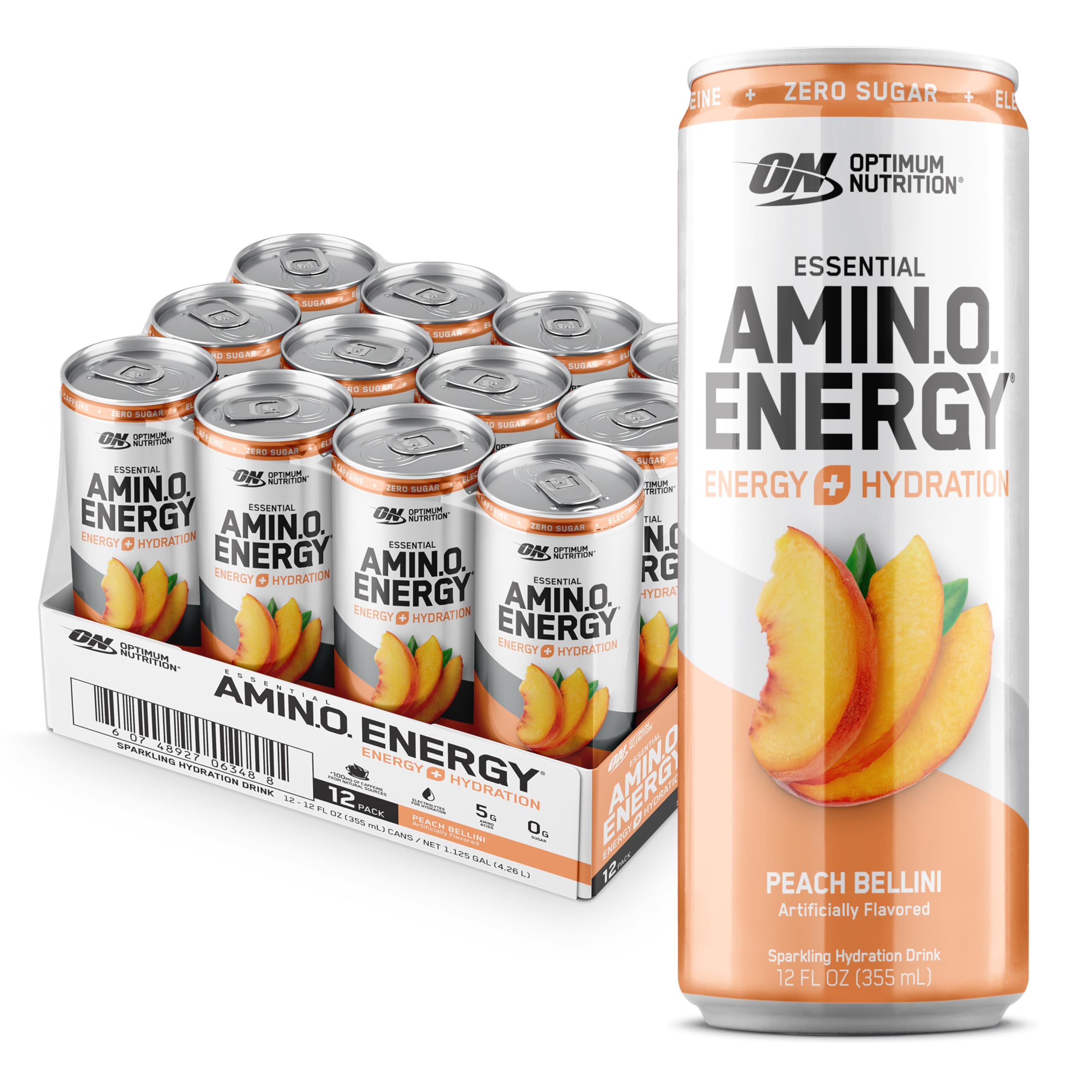 Optimum Nutrition lata Peach Bellini frente mostrando diseño y fácil consumo