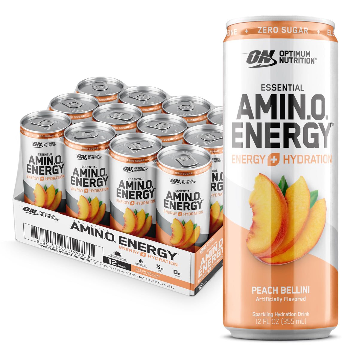 Optimum Nutrition lata Peach Bellini frente mostrando diseño y fácil consumo