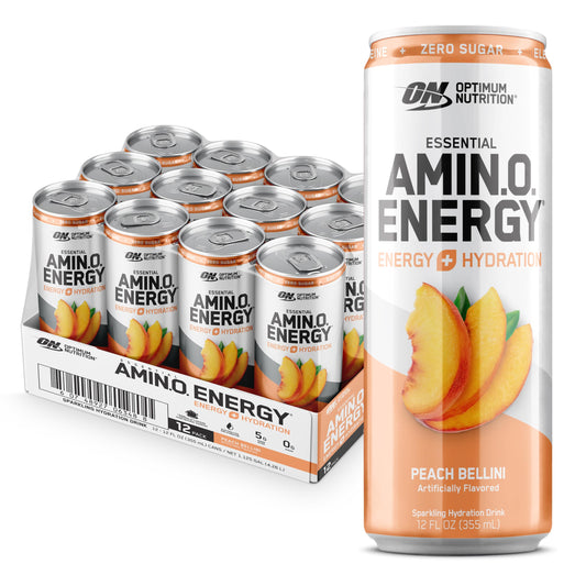 Optimum Nutrition lata Peach Bellini frente mostrando diseño y fácil consumo