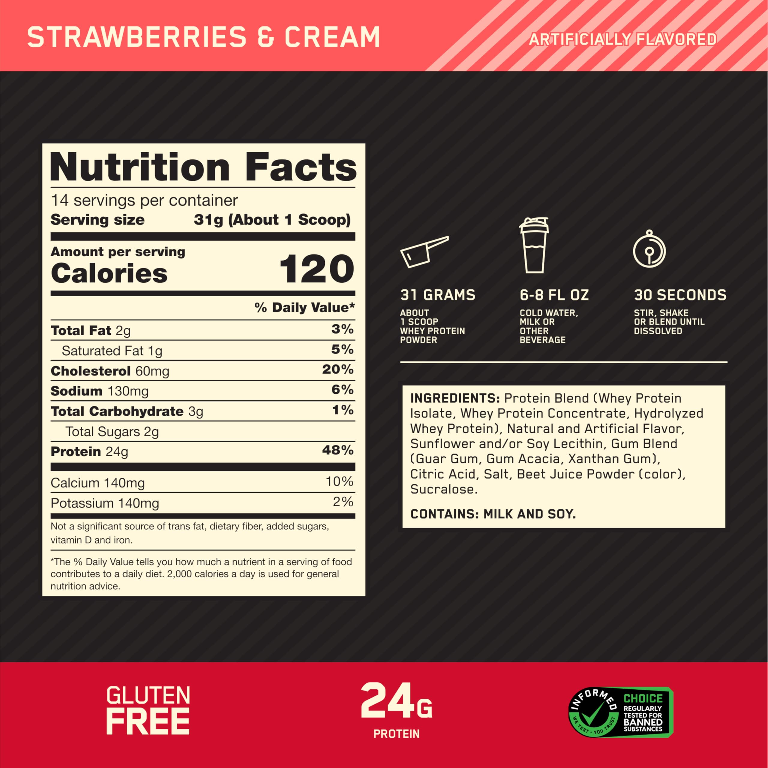 Optimum Nutrition polvo cercano mostrando textura fina y fácil disolución
