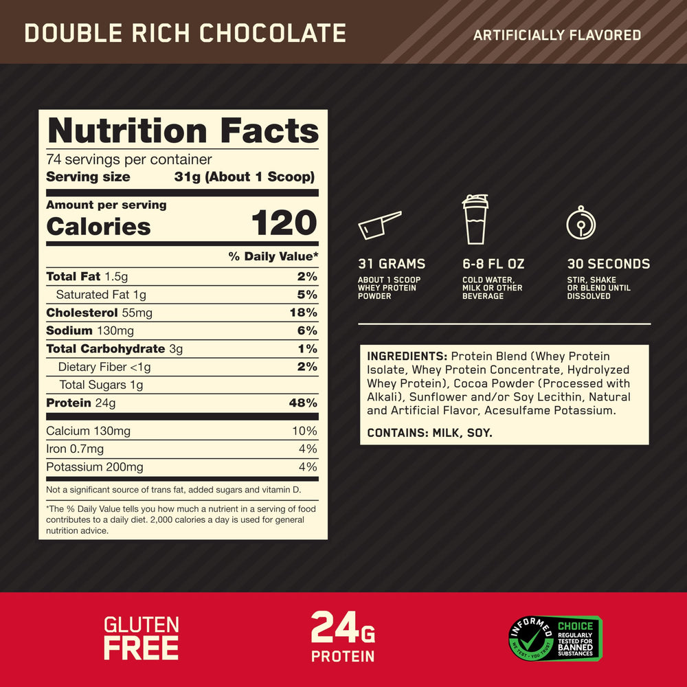 Optimum Nutrition polvo en cuchara mostrando textura fina y fácil disolución