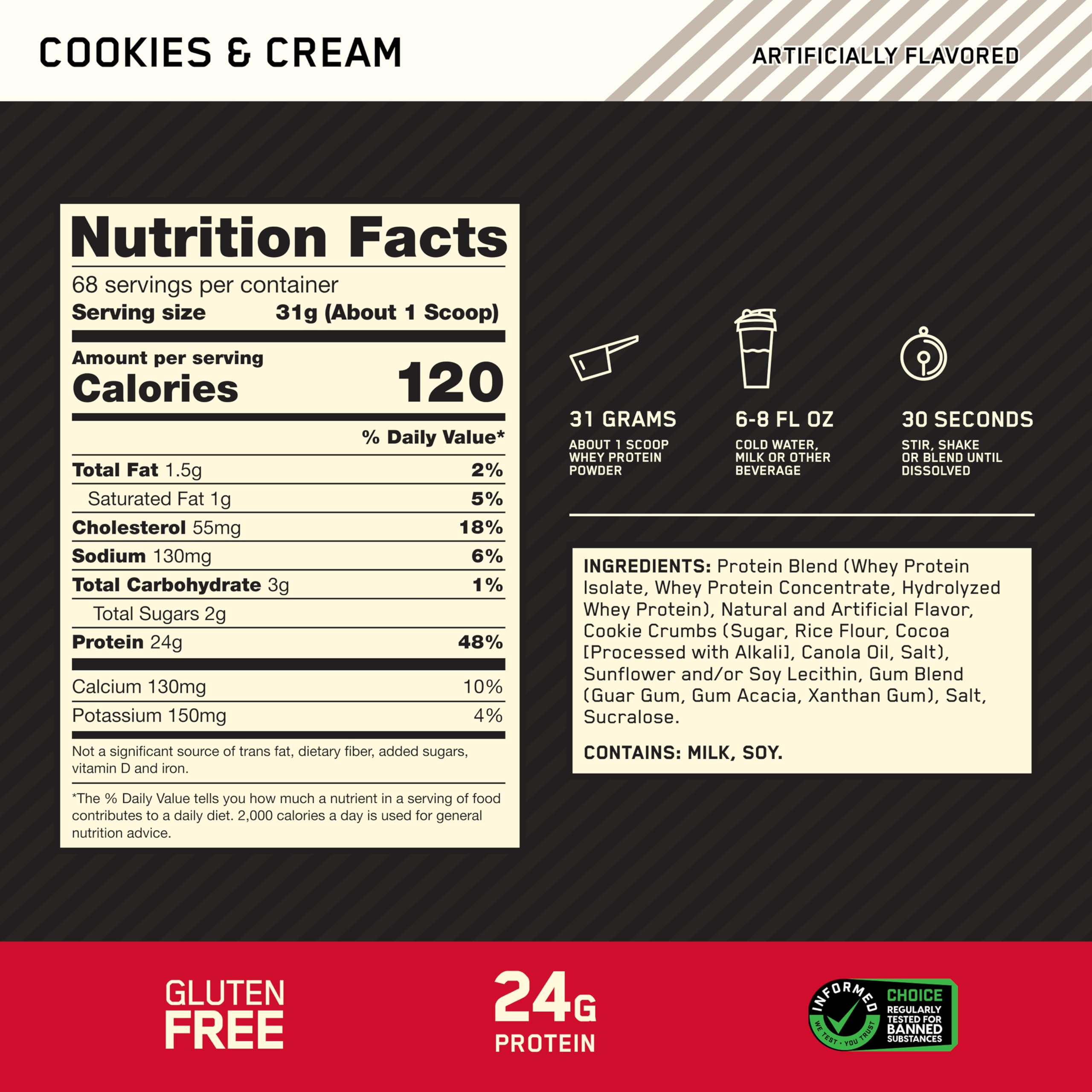 Optimum Nutrition polvo en cuchara mostrando textura fina y fácil disolución