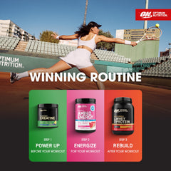 Optimum Nutrition presentación abierta con cuchara demostrando instantización