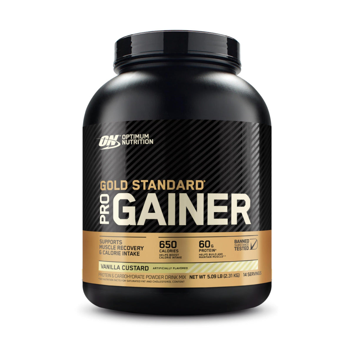 Optimum Nutrition frasco Pro Gainer frente mostrando diseño y tamaño