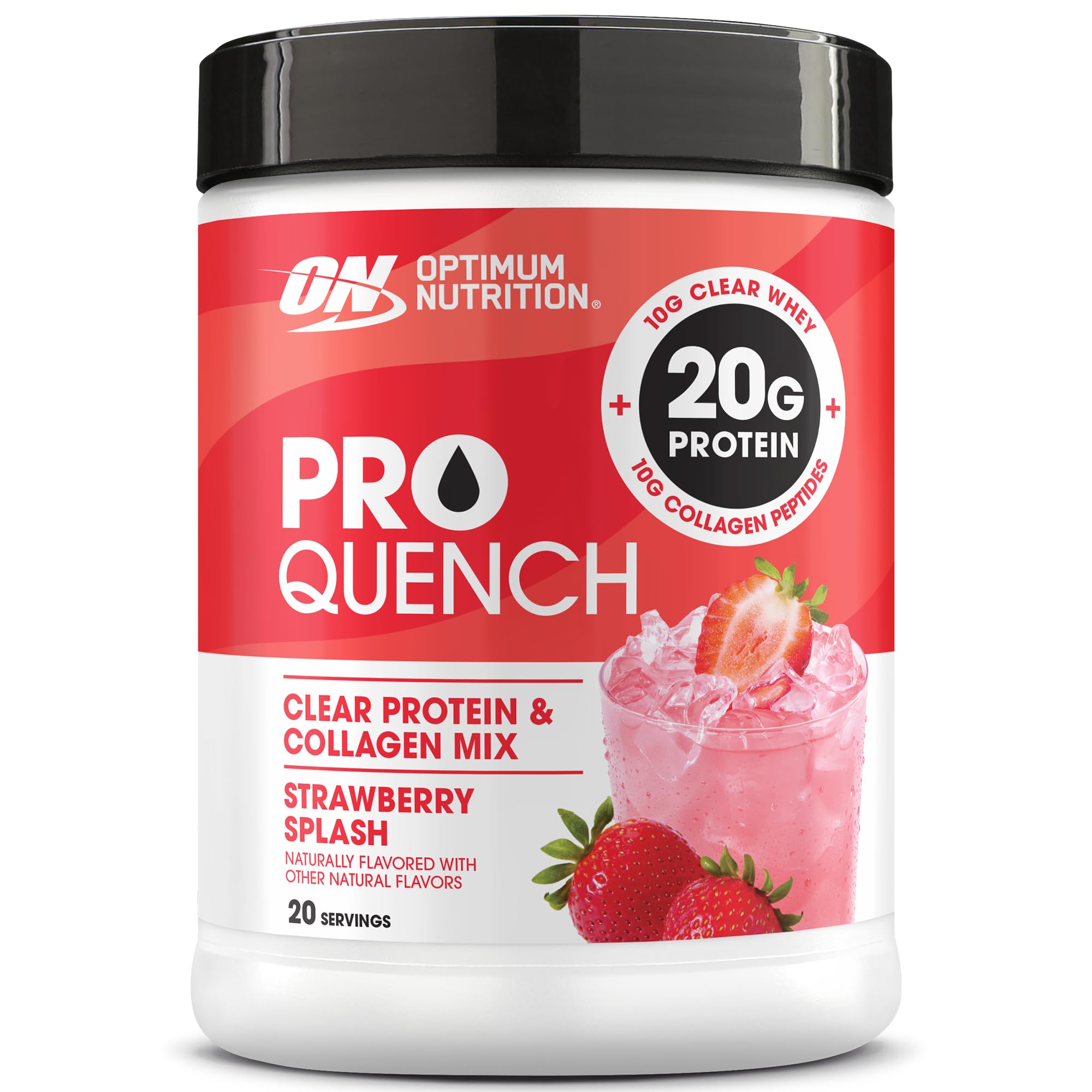 Optimum Nutrition envase frontal de Pro Quench fresa, presentación clara y refrescante