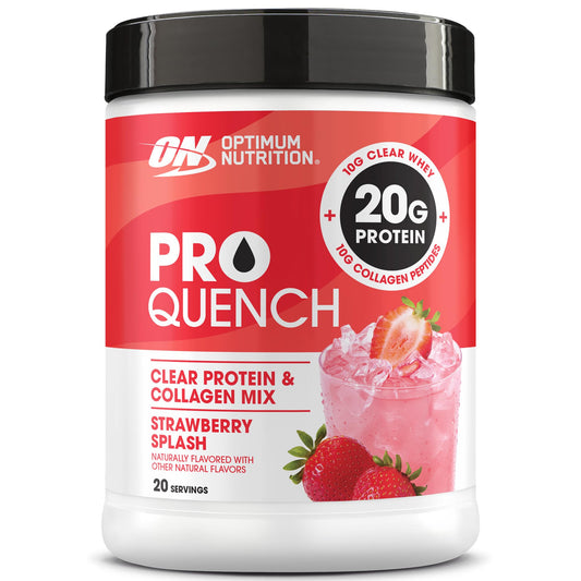 Optimum Nutrition envase frontal de Pro Quench fresa, presentación clara y refrescante