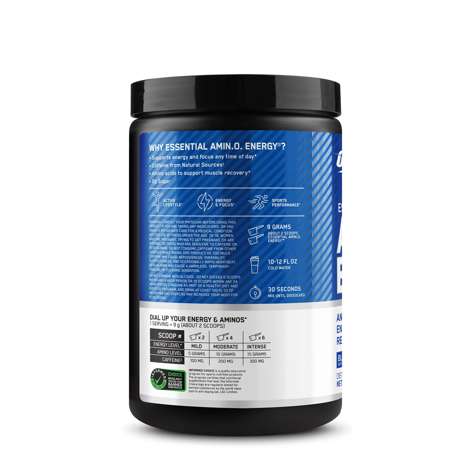 Optimum Nutrition polvo mezclado en vaso con agua demostrando energía y enfoque inmediato