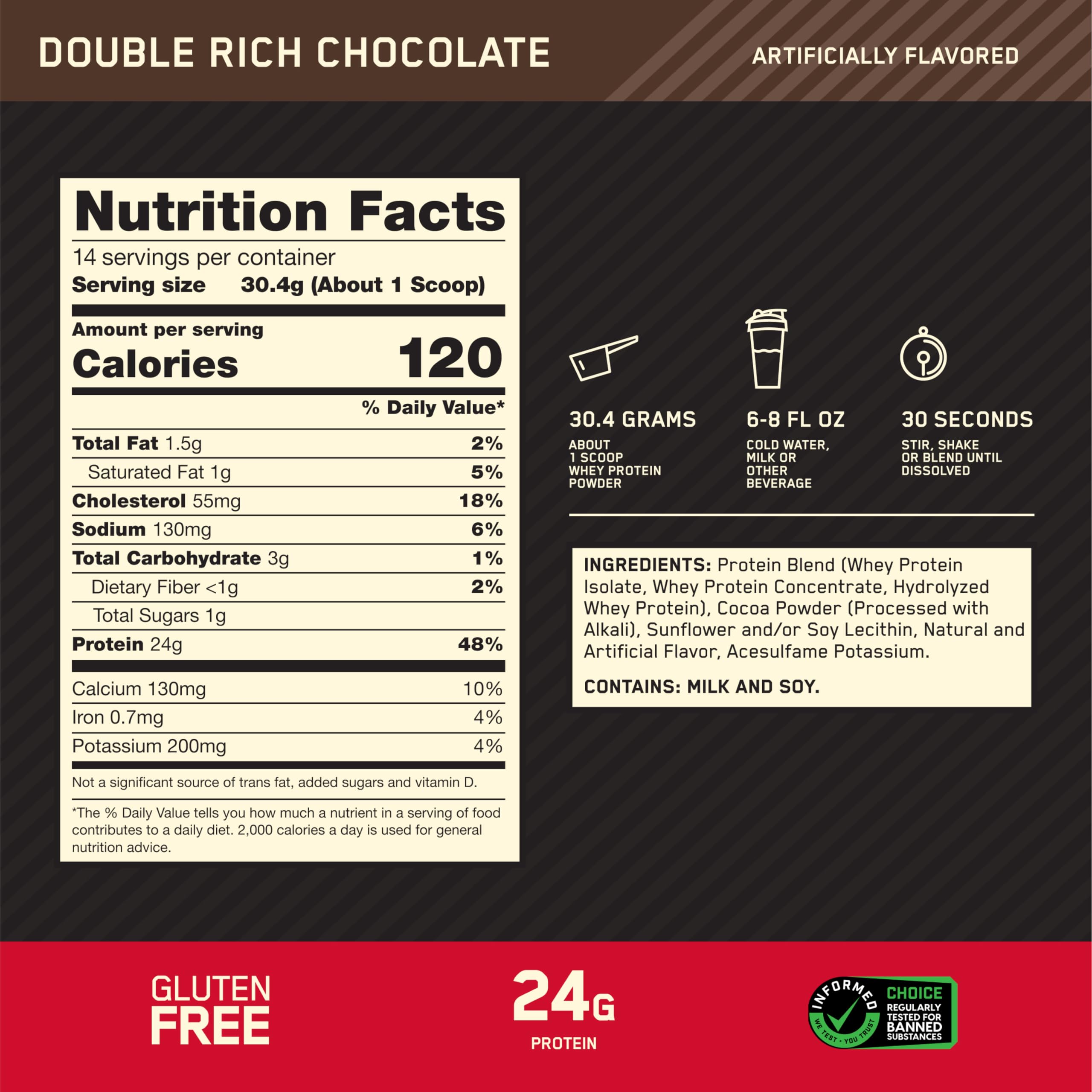 Optimum Nutrition cuchara dosificadora con polvo mostrando 24 g de proteína por porción