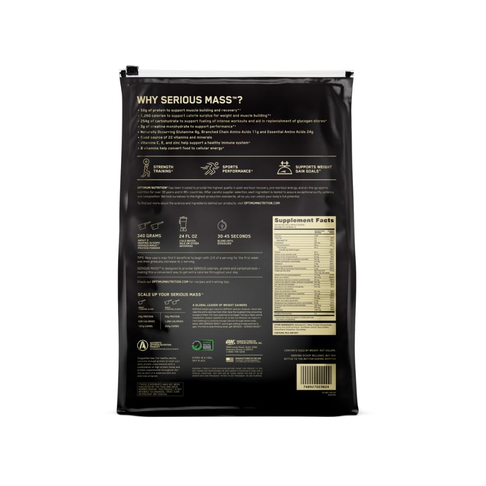 Optimum Nutrition Serious Mass cierre de tapa y textura del envase para conservación segura