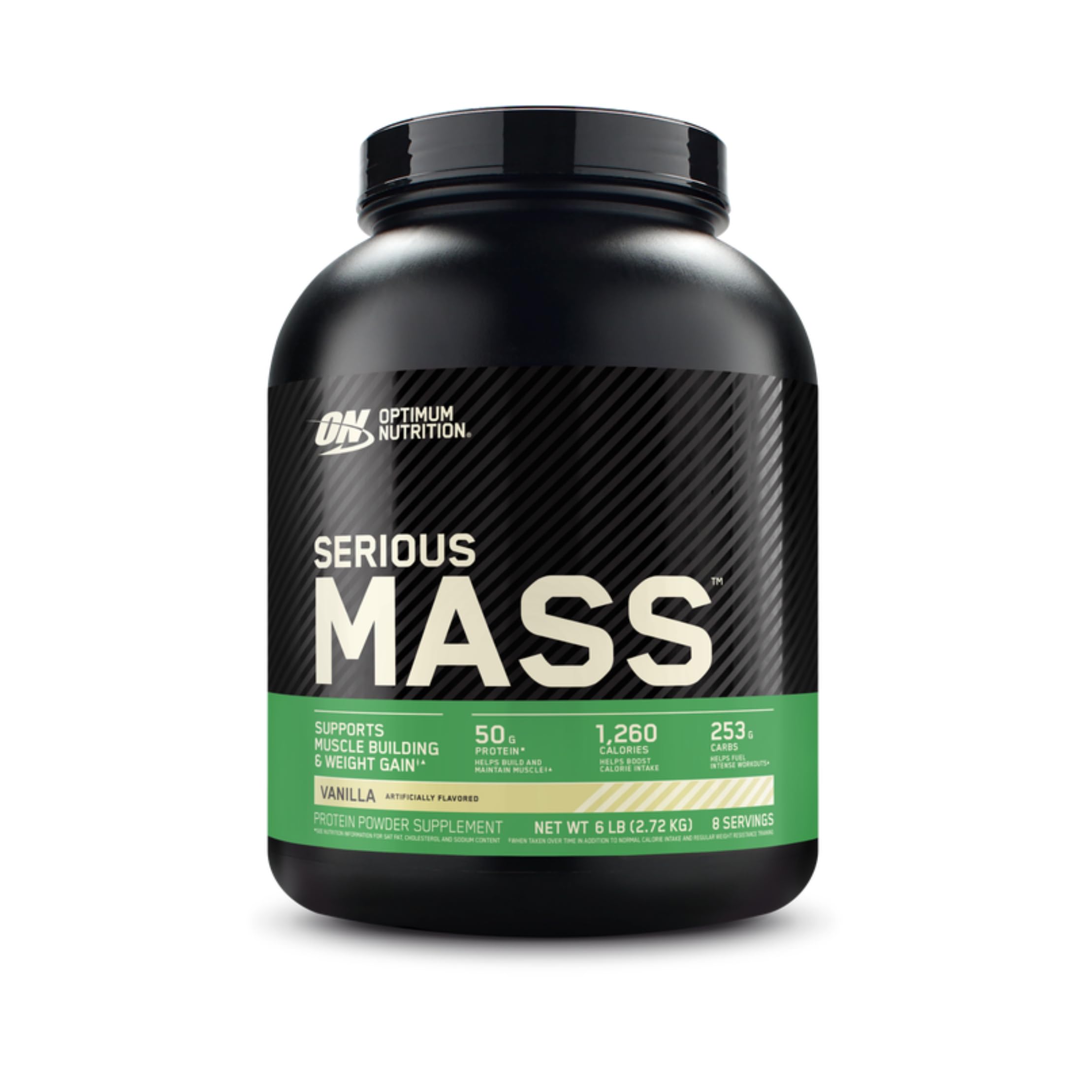 Envase de Optimum Nutrition Serious Mass Vanilla mostrando presentación 6LB y confianza