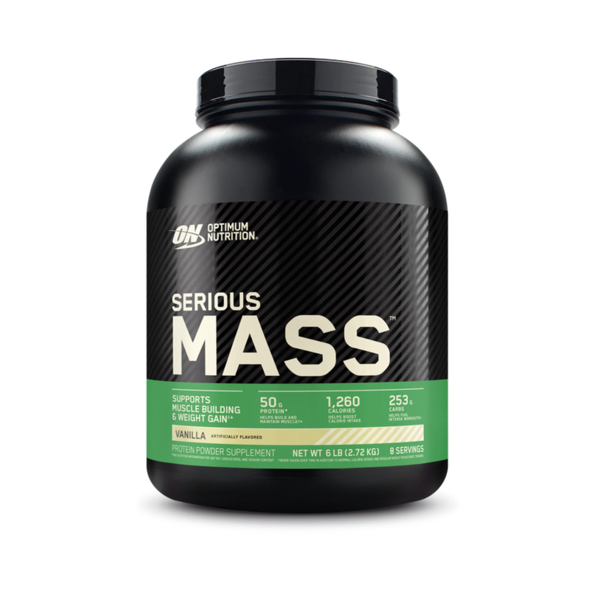 Envase de Optimum Nutrition Serious Mass Vanilla mostrando presentación 6LB y confianza