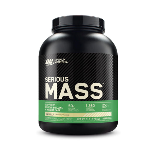 Envase de Optimum Nutrition Serious Mass Vanilla mostrando presentación 6LB y confianza